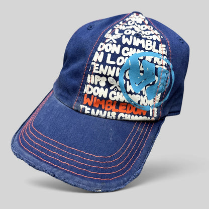 Raree Finds navy and orange distressed Wimbledon strapback hat with graphic tennis tournament print and frayed edges