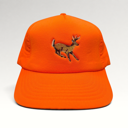 Raree Finds vintage Winchester blaze orange hunting snapback hat with an embroidered running deer graphic.