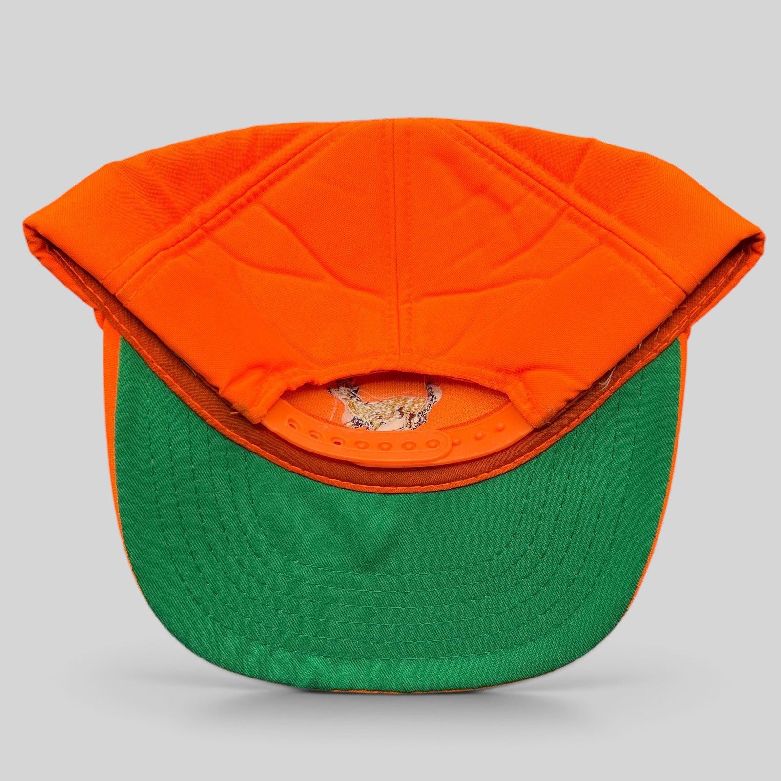 Raree Finds vintage Winchester blaze orange hunting snapback hat with green undervisor and embroidered deer logo