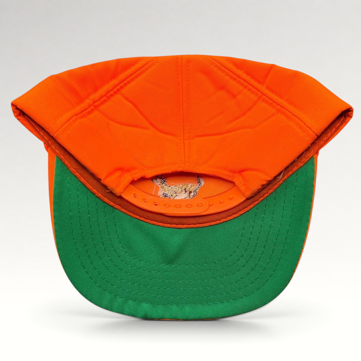 Raree Finds vintage Winchester blaze orange hunting snapback hat with green undervisor and embroidered deer logo