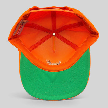 Raree Finds vintage Winchester blaze orange hunting snapback hat with green undervisor, interior view
