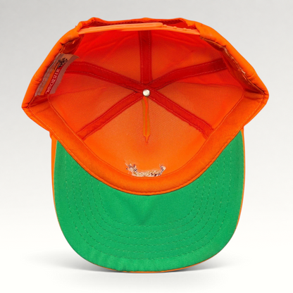 Raree Finds vintage Winchester blaze orange hunting snapback hat with green undervisor, interior view