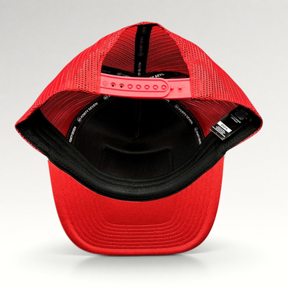 Raree Finds Wisconsin Badgers ’47 Brand red trucker snapback hat showing the interior mesh lining and adjustable strap