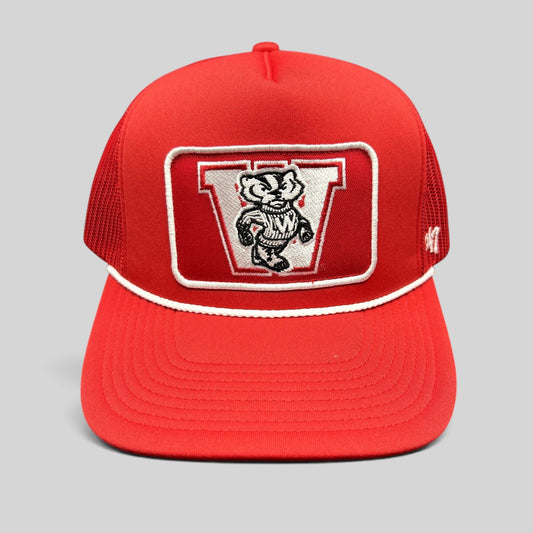Raree Finds Wisconsin Badgers red trucker snapback hat with Bucky Badger embroidered patch and white rope detail.