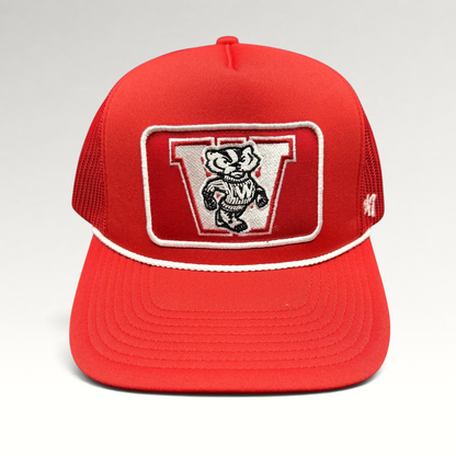 Raree Finds Wisconsin Badgers red trucker snapback hat with Bucky Badger embroidered patch and white rope detail.