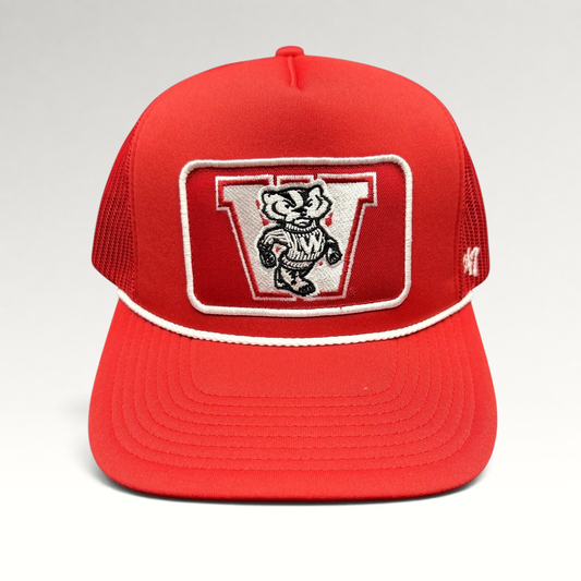 Raree Finds Wisconsin Badgers red trucker snapback hat with Bucky Badger embroidered patch and white rope detail.