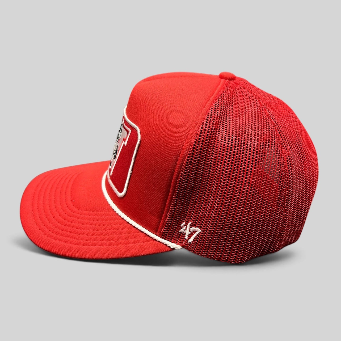 Raree Finds Wisconsin Badgers 47 Brand red trucker snapback hat with white rope detail and mesh back panels
