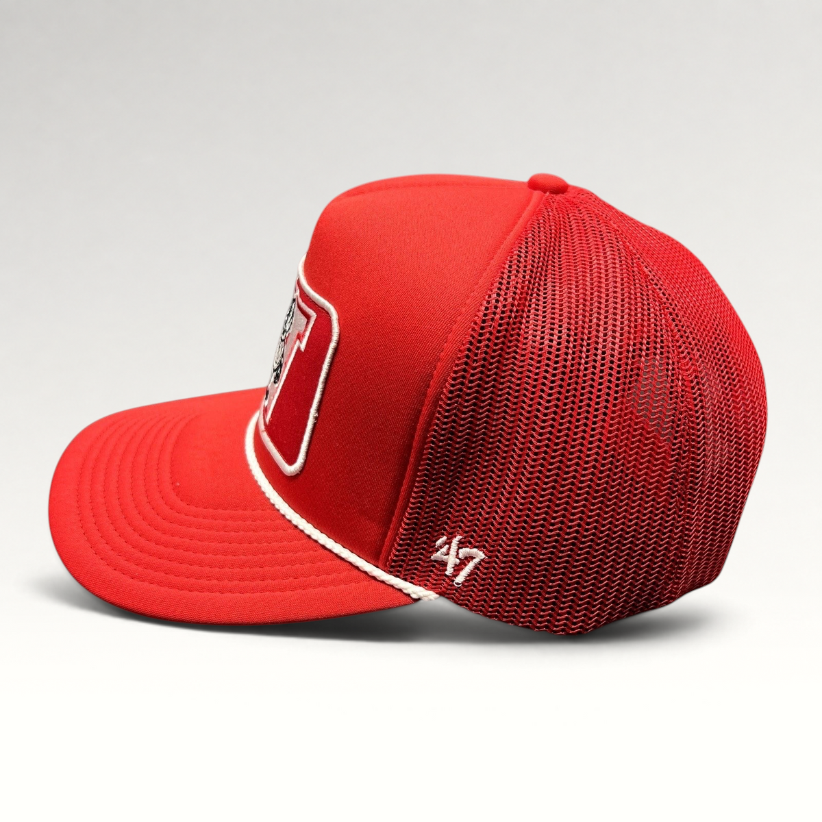 Raree Finds Wisconsin Badgers 47 Brand red trucker snapback hat with white rope detail and mesh back panels