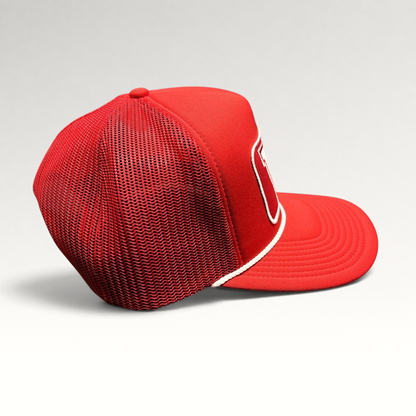 Raree Finds Wisconsin Badgers 47 Brand red trucker snapback hat with mesh back, white rope detail, and curved brim.