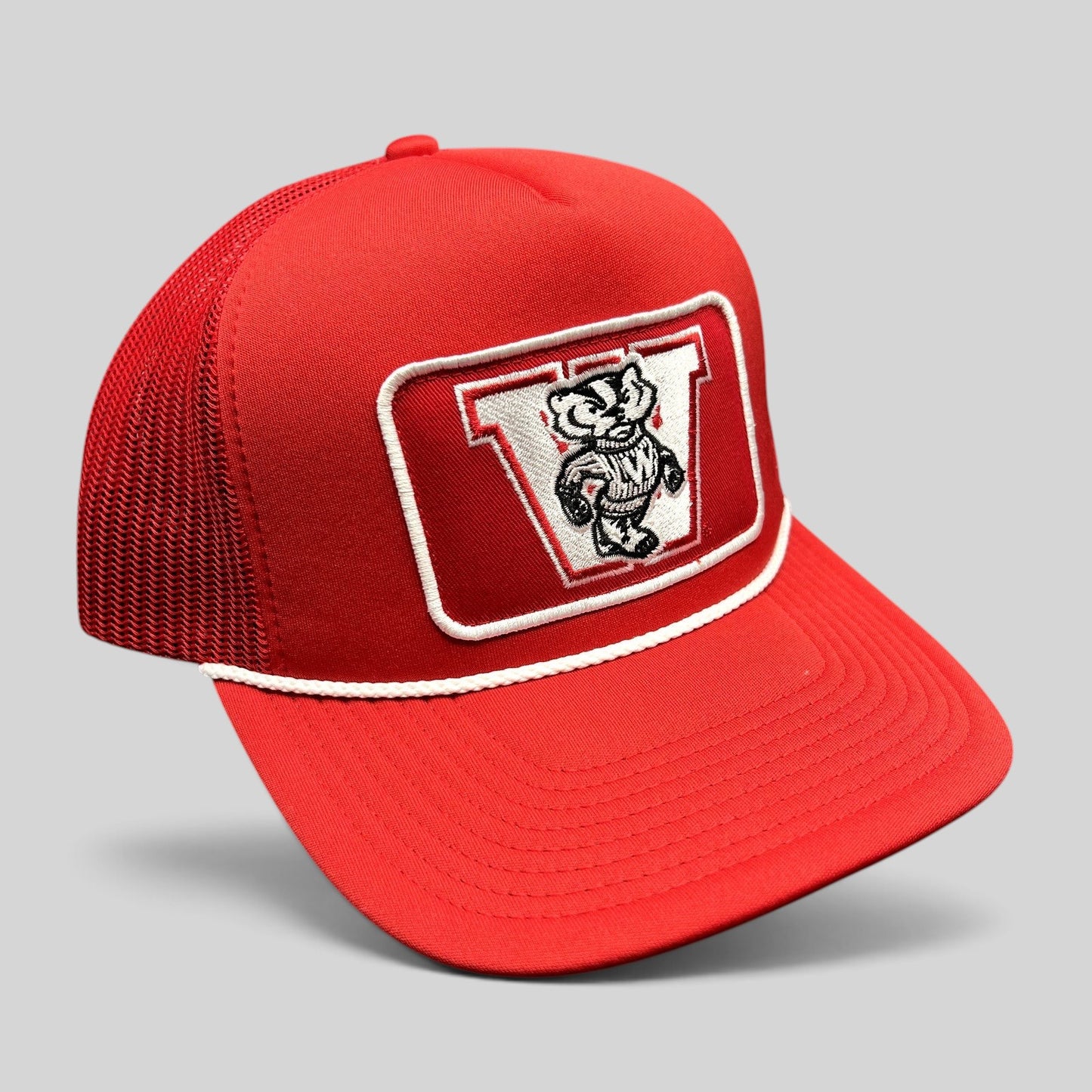 Raree Finds red Wisconsin Badgers ’47 Brand trucker snapback hat with Bucky Badger patch and white rope detail.