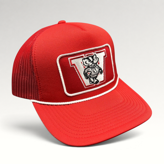 Raree Finds red Wisconsin Badgers ’47 Brand trucker snapback hat with Bucky Badger patch and white rope detail.