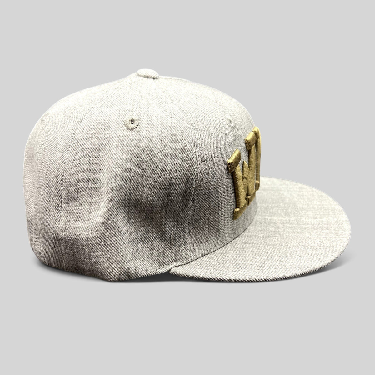 Raree Finds Western Michigan University snapback hat in heather gray with raised metallic gold WMU embroidery