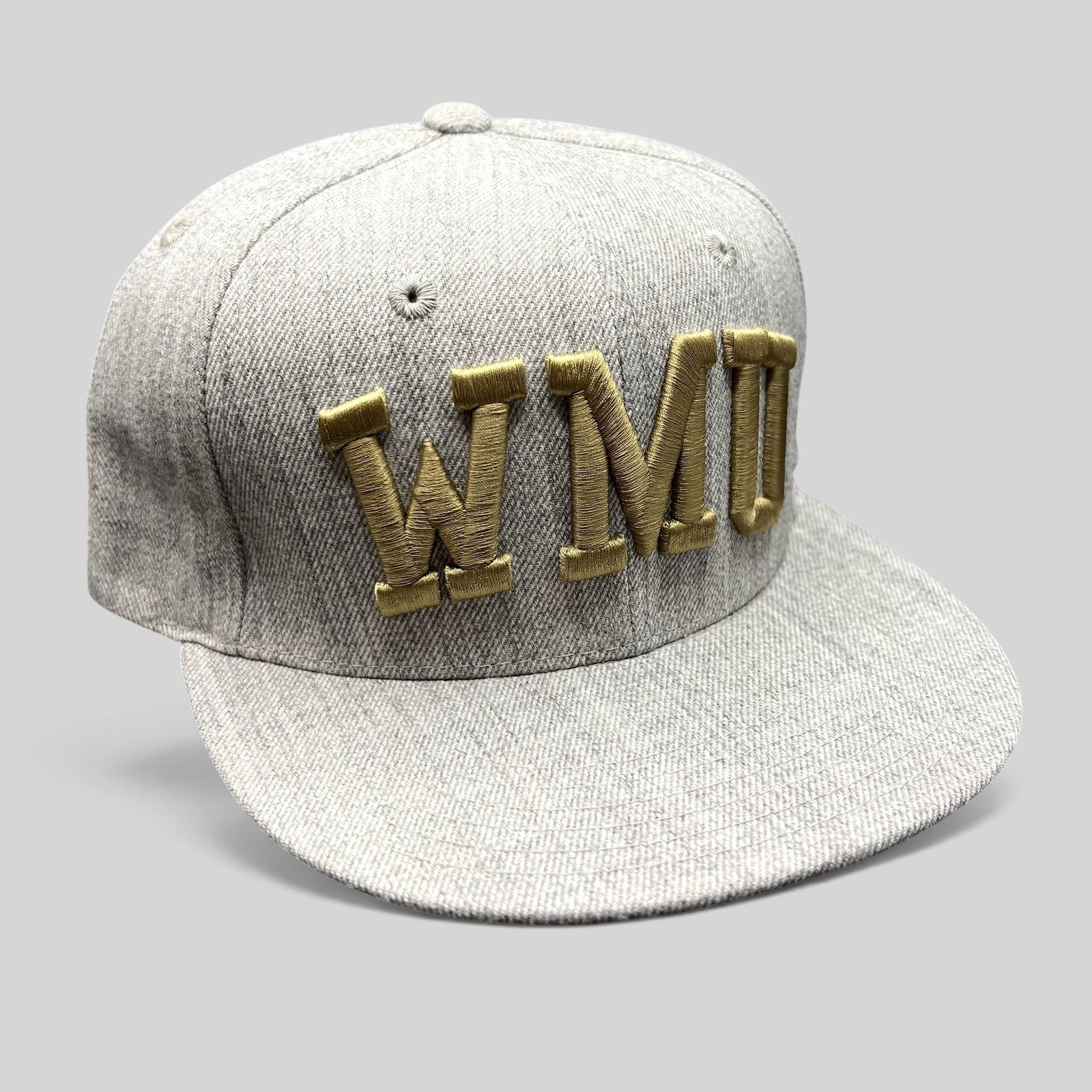 Raree Finds Western Michigan University snapback hat in heather gray with raised metallic gold WMU embroidery