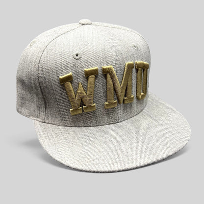 Raree Finds Western Michigan University snapback hat in heather gray with raised metallic gold WMU embroidery