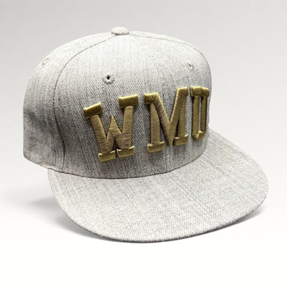 Raree Finds Western Michigan University snapback hat in heather gray with raised metallic gold WMU embroidery