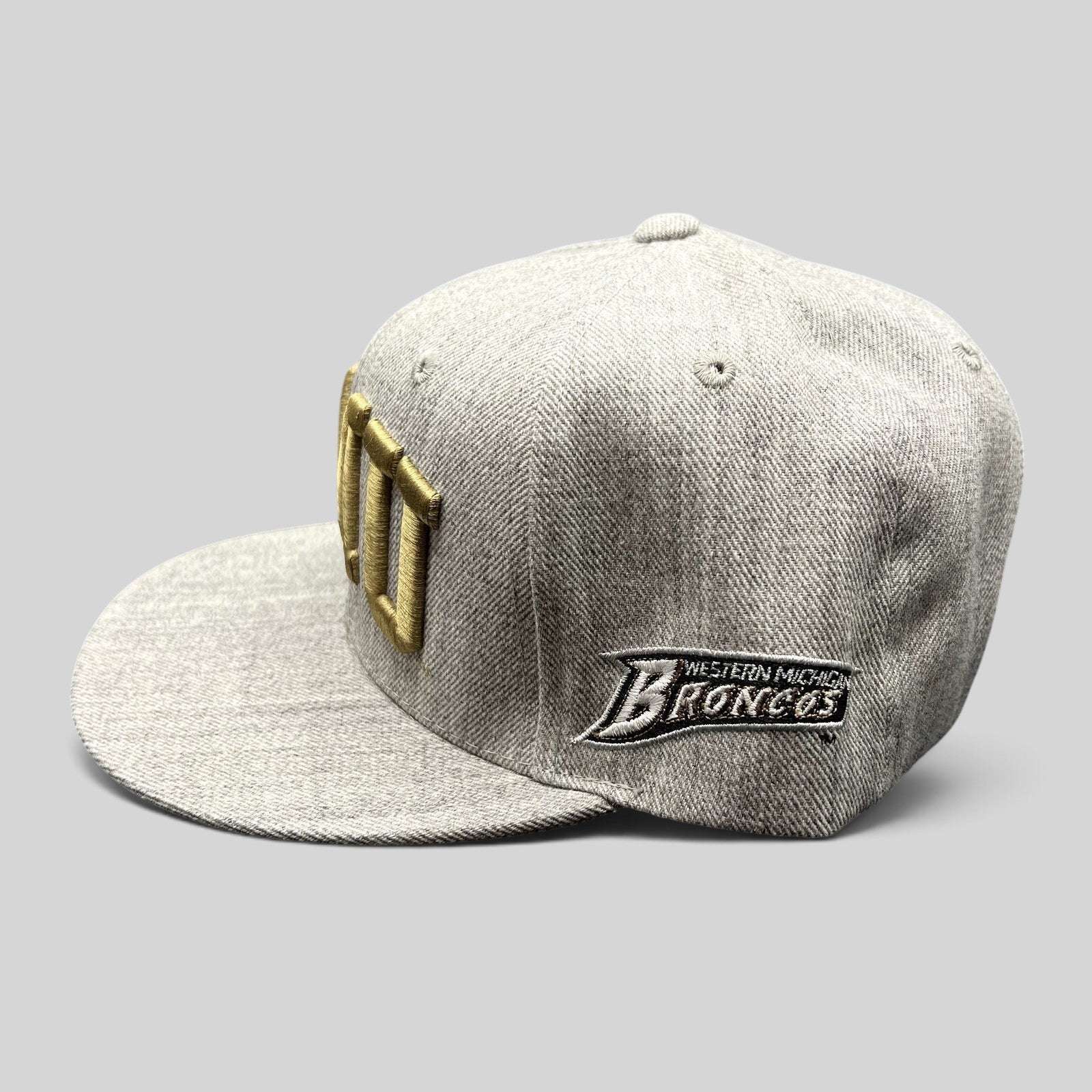 Raree Finds Western Michigan University snapback hat in heather gray with metallic gold WMU embroidery and flat brim