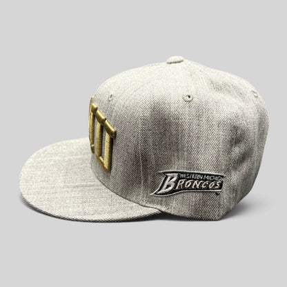 Raree Finds Western Michigan University snapback hat in heather gray with metallic gold WMU embroidery and flat brim