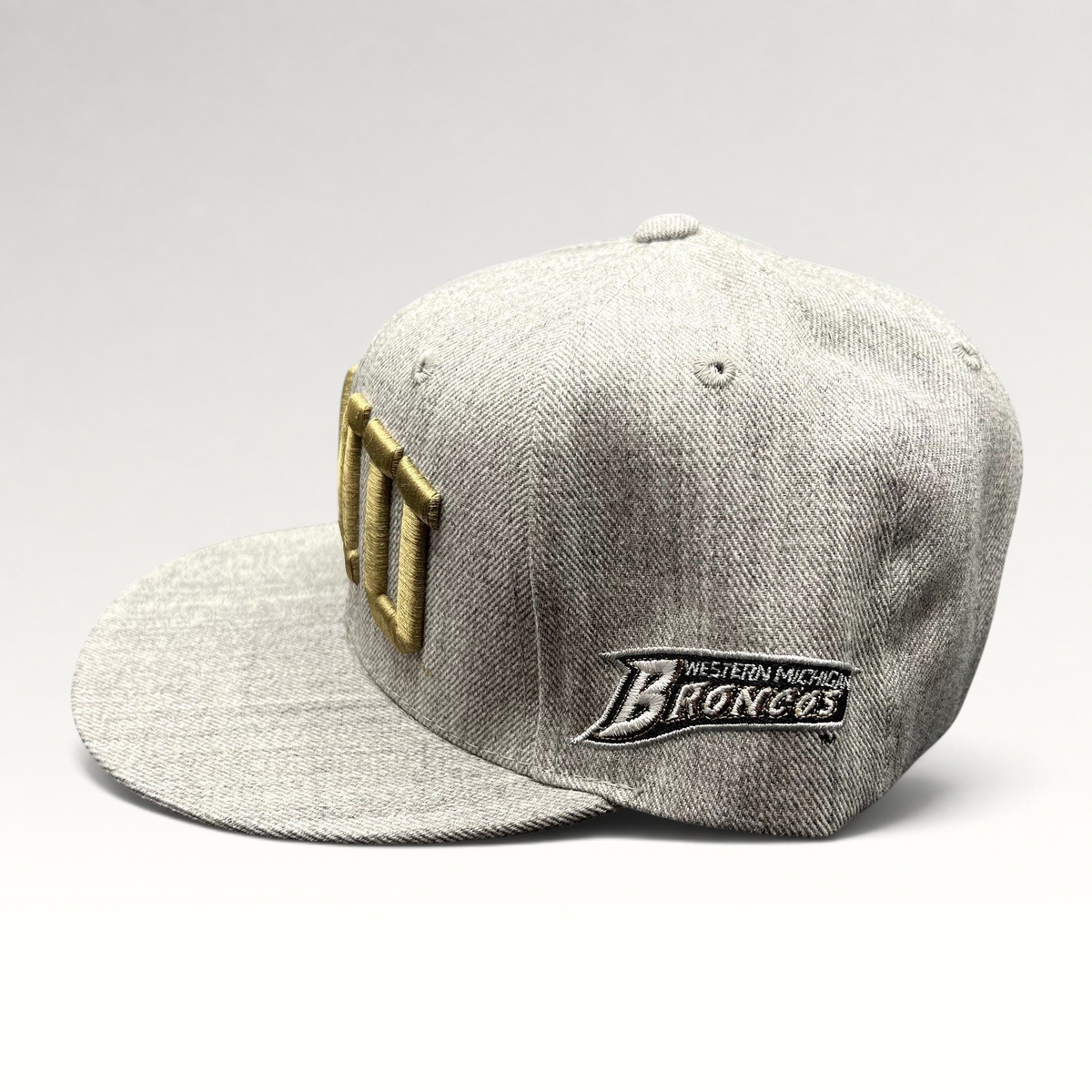 Raree Finds Western Michigan University snapback hat in heather gray with metallic gold WMU embroidery and flat brim
