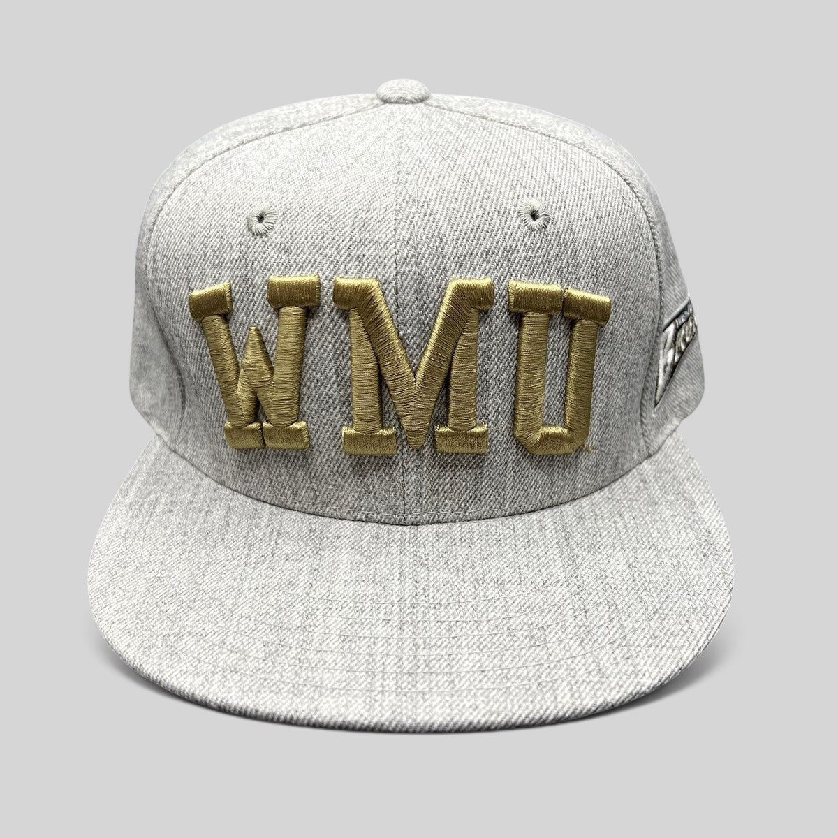 Raree Finds Western Michigan University snapback hat in heather gray with raised metallic gold WMU embroidery
