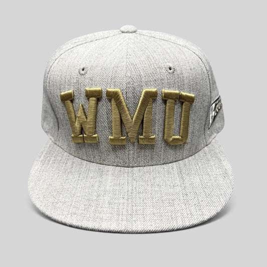 Raree Finds Western Michigan University snapback hat in heather gray with raised metallic gold WMU embroidery