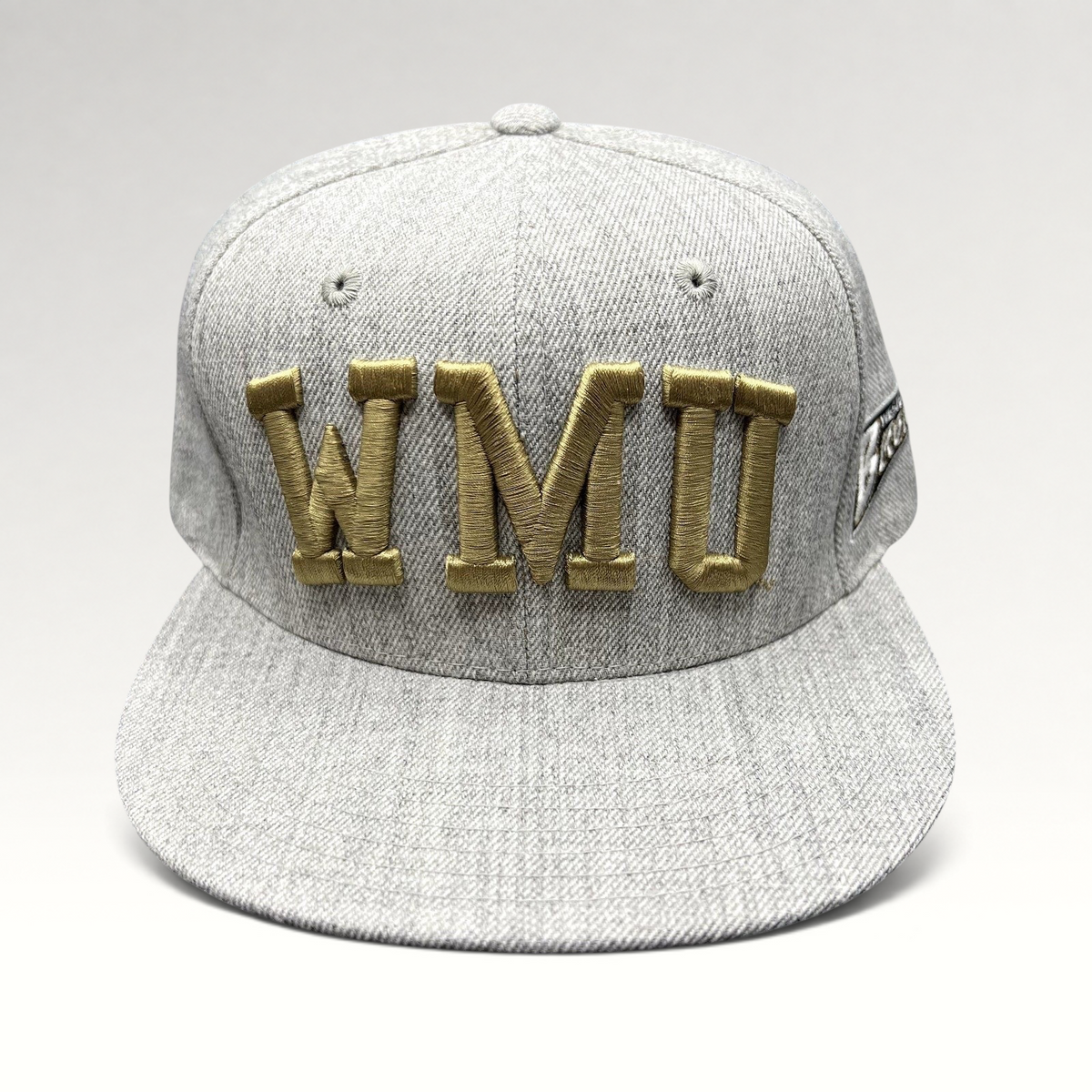 Raree Finds Western Michigan University snapback hat in heather gray with raised metallic gold WMU embroidery