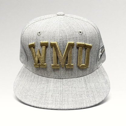 Raree Finds Western Michigan University snapback hat in heather gray with raised metallic gold WMU embroidery