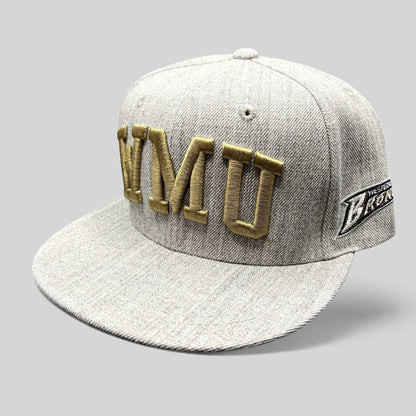 Raree Finds Western Michigan University snapback hat in heather gray with metallic gold WMU embroidery and flat brim.
