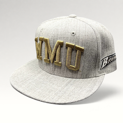 Raree Finds Western Michigan University snapback hat in heather gray with metallic gold WMU embroidery and flat brim.