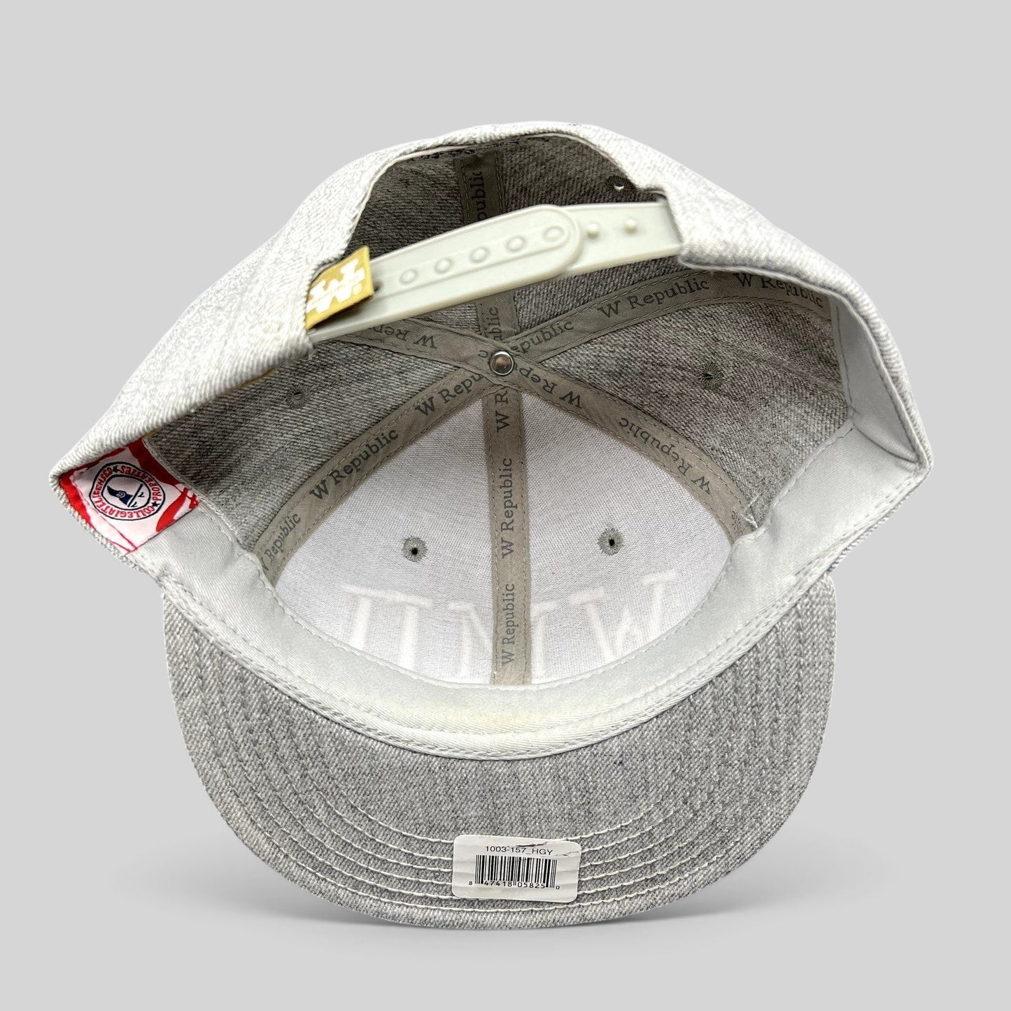 Raree Finds W Republic Western Michigan University snapback hat interior showing gray heather fabric and snap closure