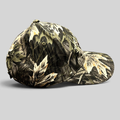 Raree Finds Putney General Store woodland camouflage strapback hat with embroidered Vermont logo and curved brim