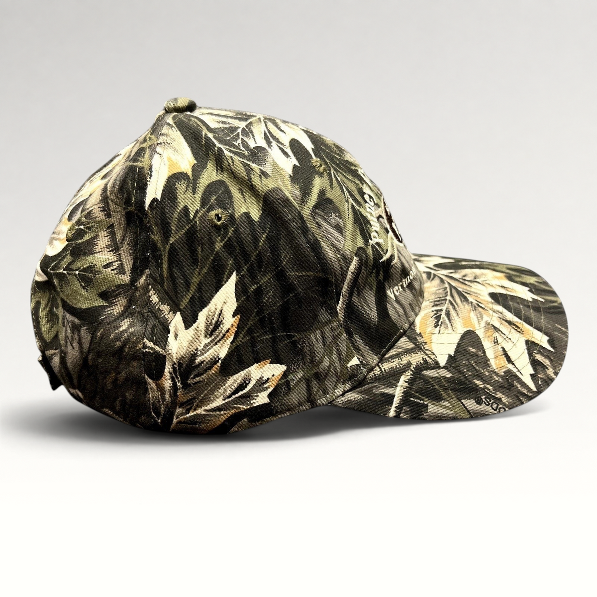 Raree Finds Putney General Store woodland camouflage strapback hat with embroidered Vermont logo and curved brim