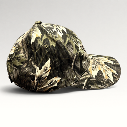 Raree Finds Putney General Store woodland camouflage strapback hat with embroidered Vermont logo and curved brim