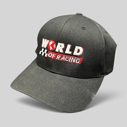 Raree Finds black Port Authority flexfit hat with World of Racing embroidered logo and checkered flag detail.