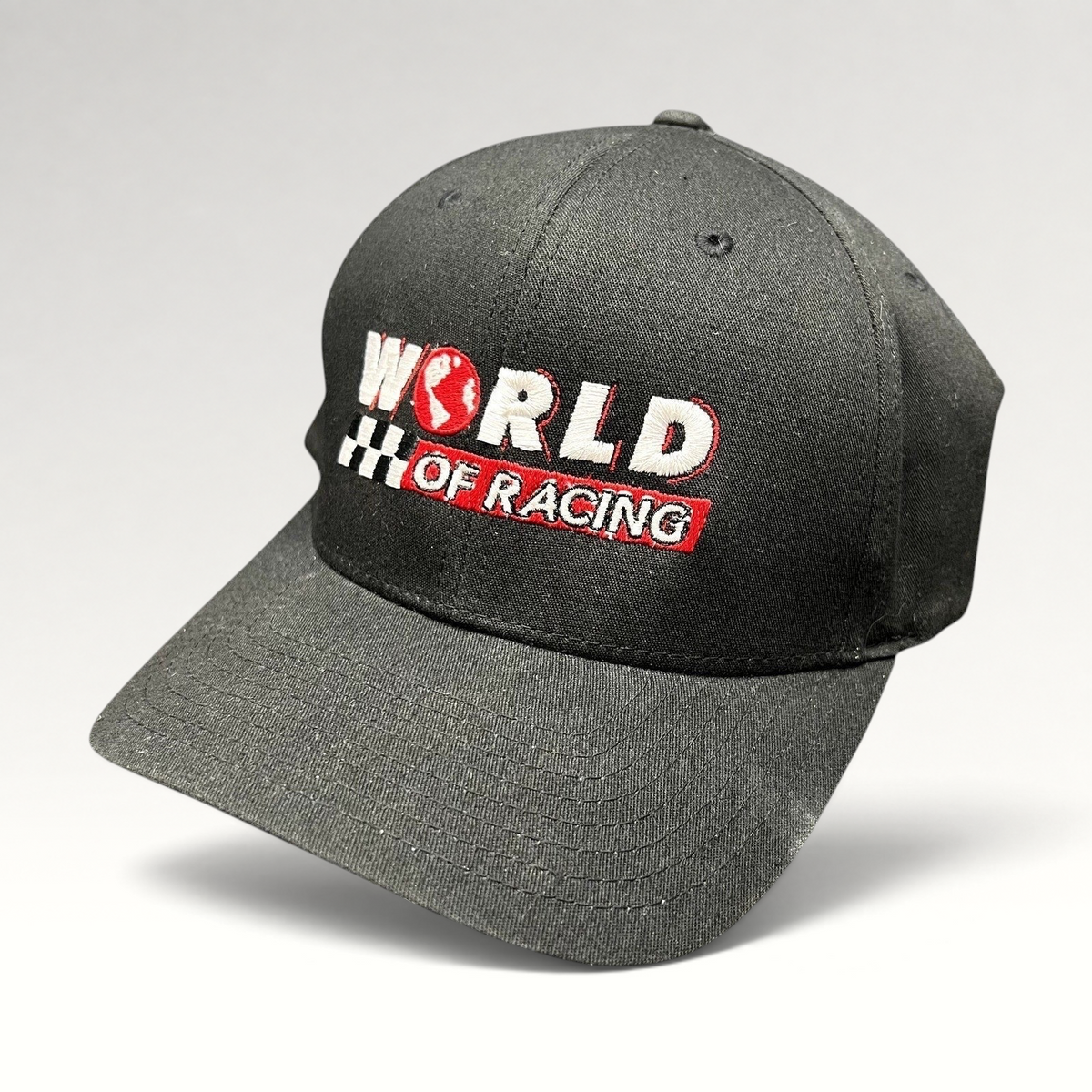 Raree Finds black Port Authority flexfit hat with World of Racing embroidered logo and checkered flag detail.