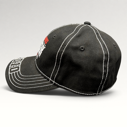 Raree Finds black 2010 World Series of Poker flexfit hat with white contrast stitching and embroidered brim detail.