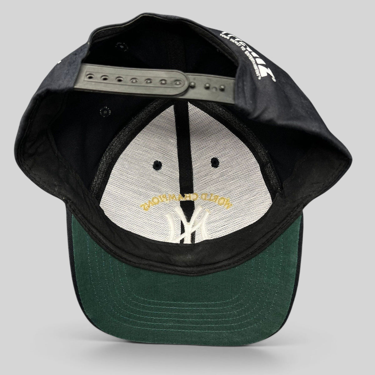 Raree Finds vintage New York Yankees 3-peat World Champions snapback hat with black crown and green underbrim