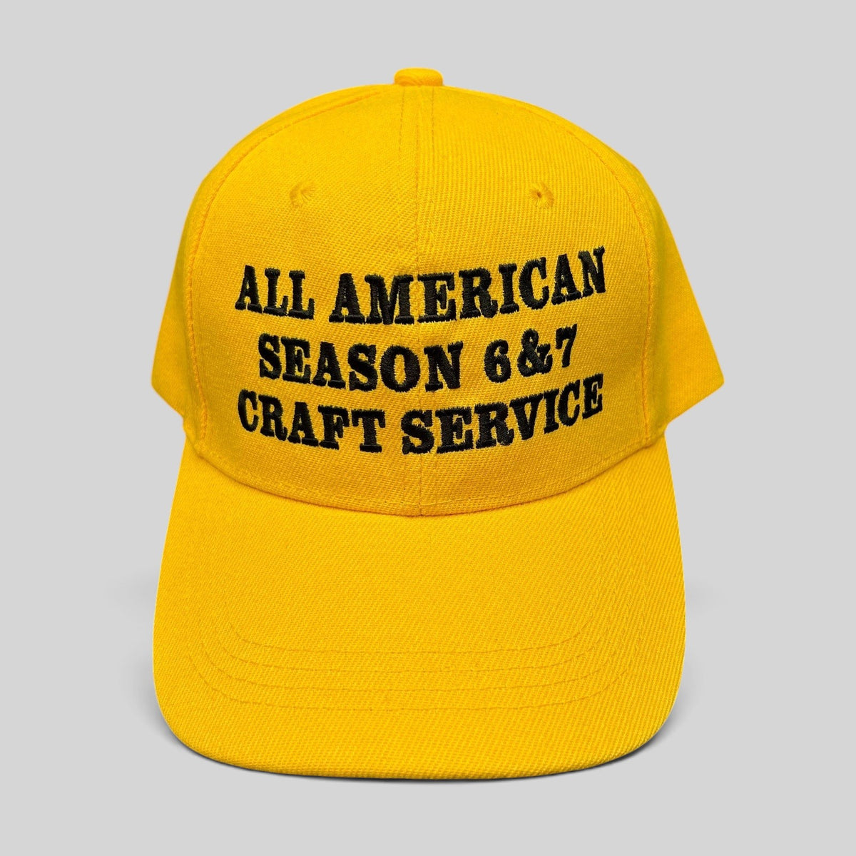 Raree Finds yellow polyester strapback hat with black All American Season 6 & 7 Craft Service embroidery