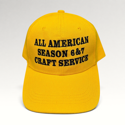 Raree Finds yellow polyester strapback hat with black All American Season 6 & 7 Craft Service embroidery