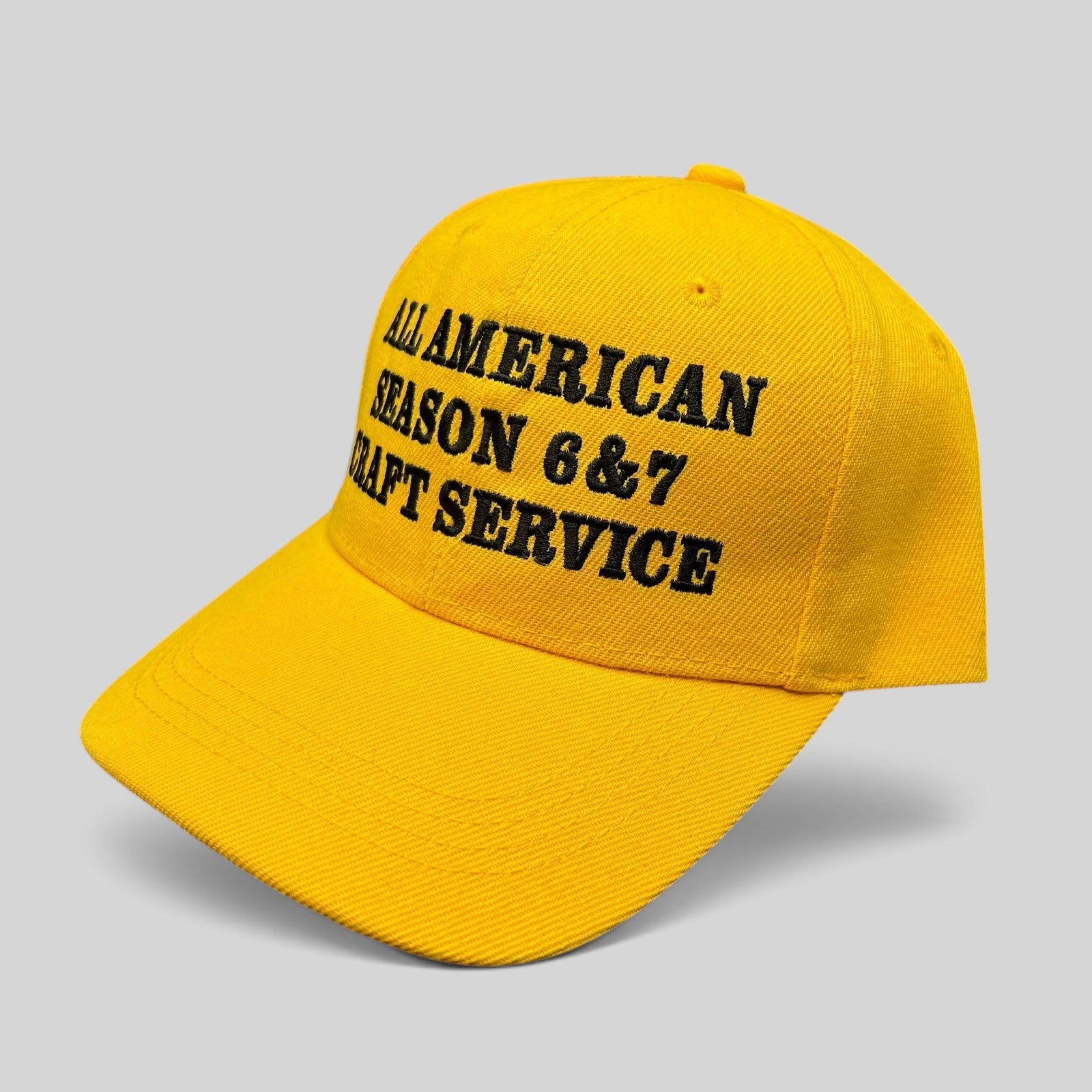 Raree Finds yellow All American TV show crew hat with black embroidered Season 6 & 7 Craft Service text