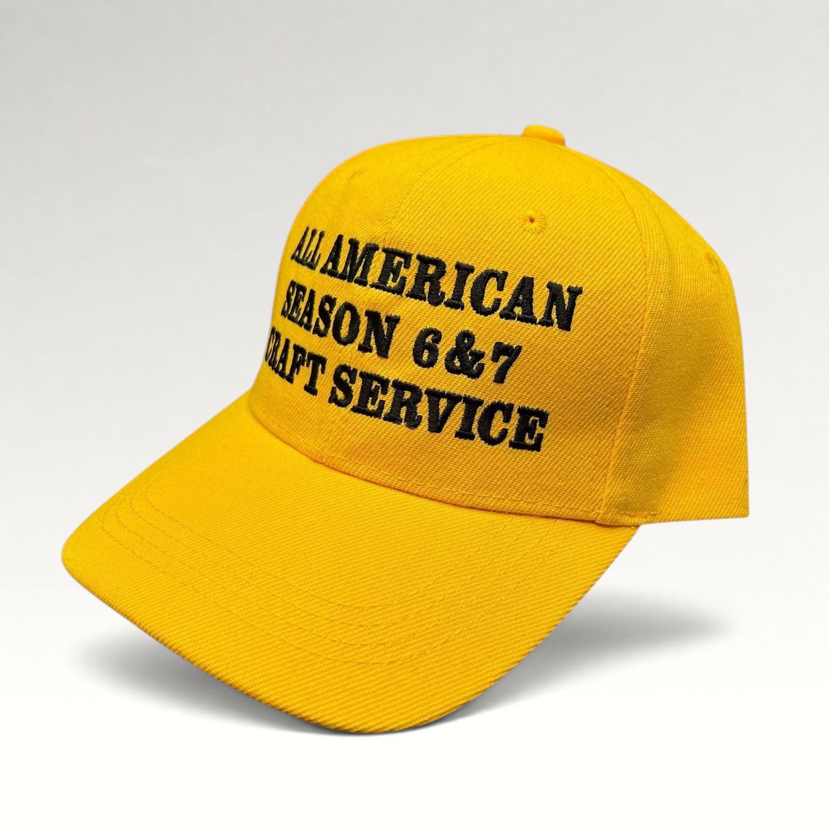 Raree Finds yellow All American TV show crew hat with black embroidered Season 6 & 7 Craft Service text