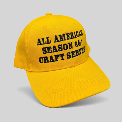 Raree Finds yellow polyester strapback hat with black All American Season 6 & 7 Craft Service embroidery