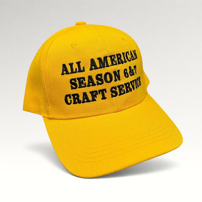 Raree Finds yellow polyester strapback hat with black All American Season 6 & 7 Craft Service embroidery