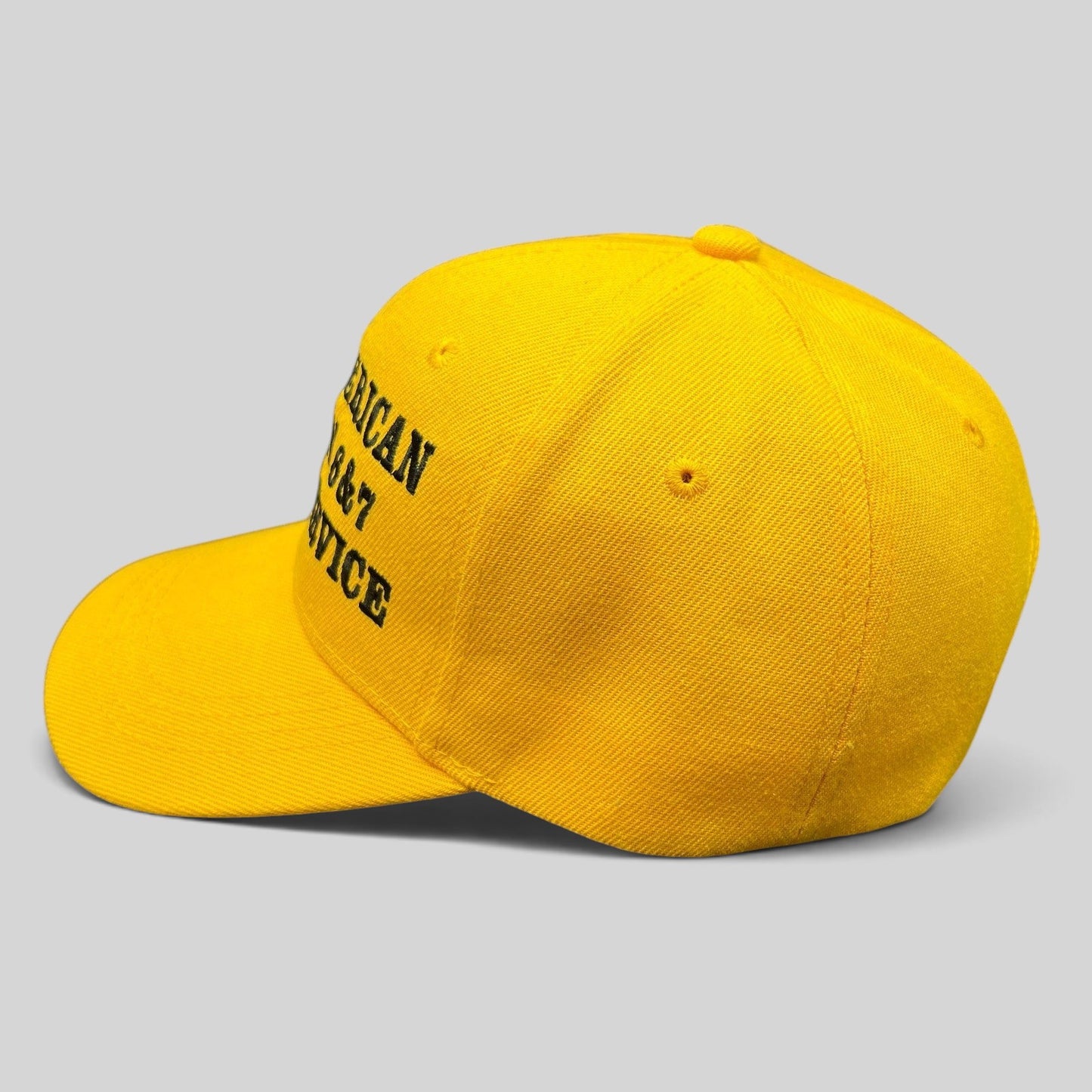 Raree Finds yellow polyester strapback hat with black All American Season 6 and 7 craft service embroidery