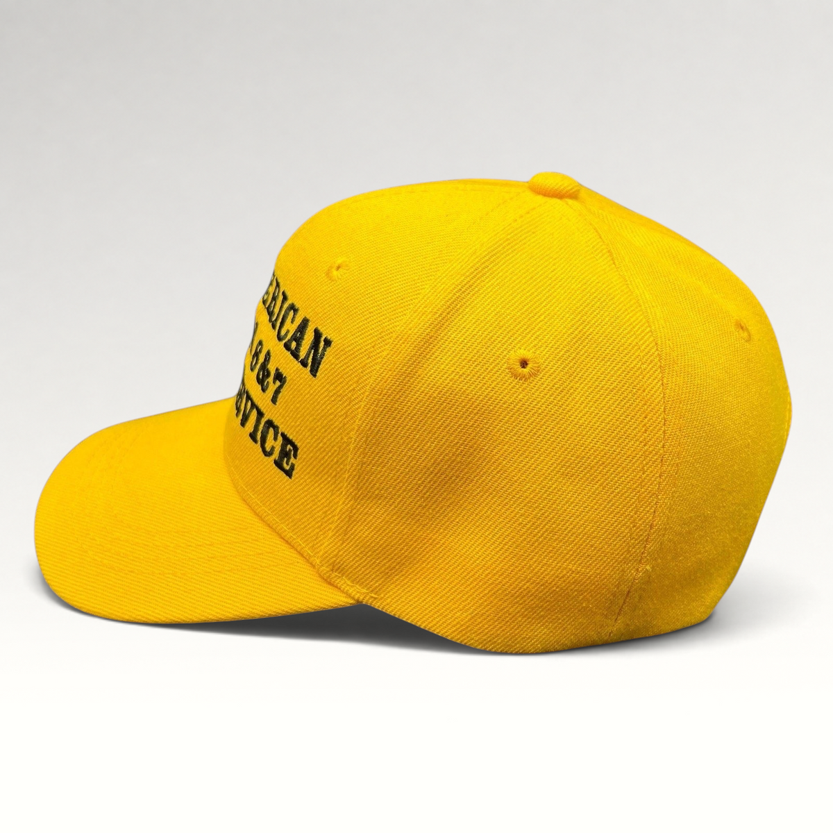Raree Finds yellow polyester strapback hat with black All American Season 6 and 7 craft service embroidery