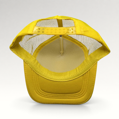 Raree Finds Gold’s Gym yellow trucker hat showing the interior mesh lining and adjustable snapback closure