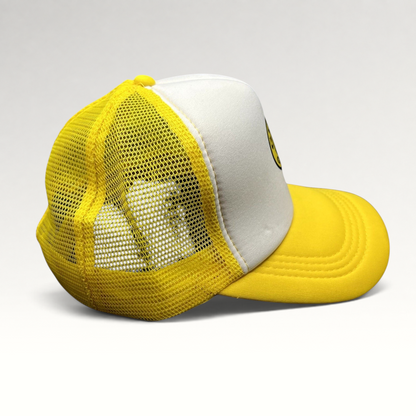 Raree Finds Gold’s Gym SoCal yellow and white trucker hat with breathable mesh back and adjustable snapback closure.