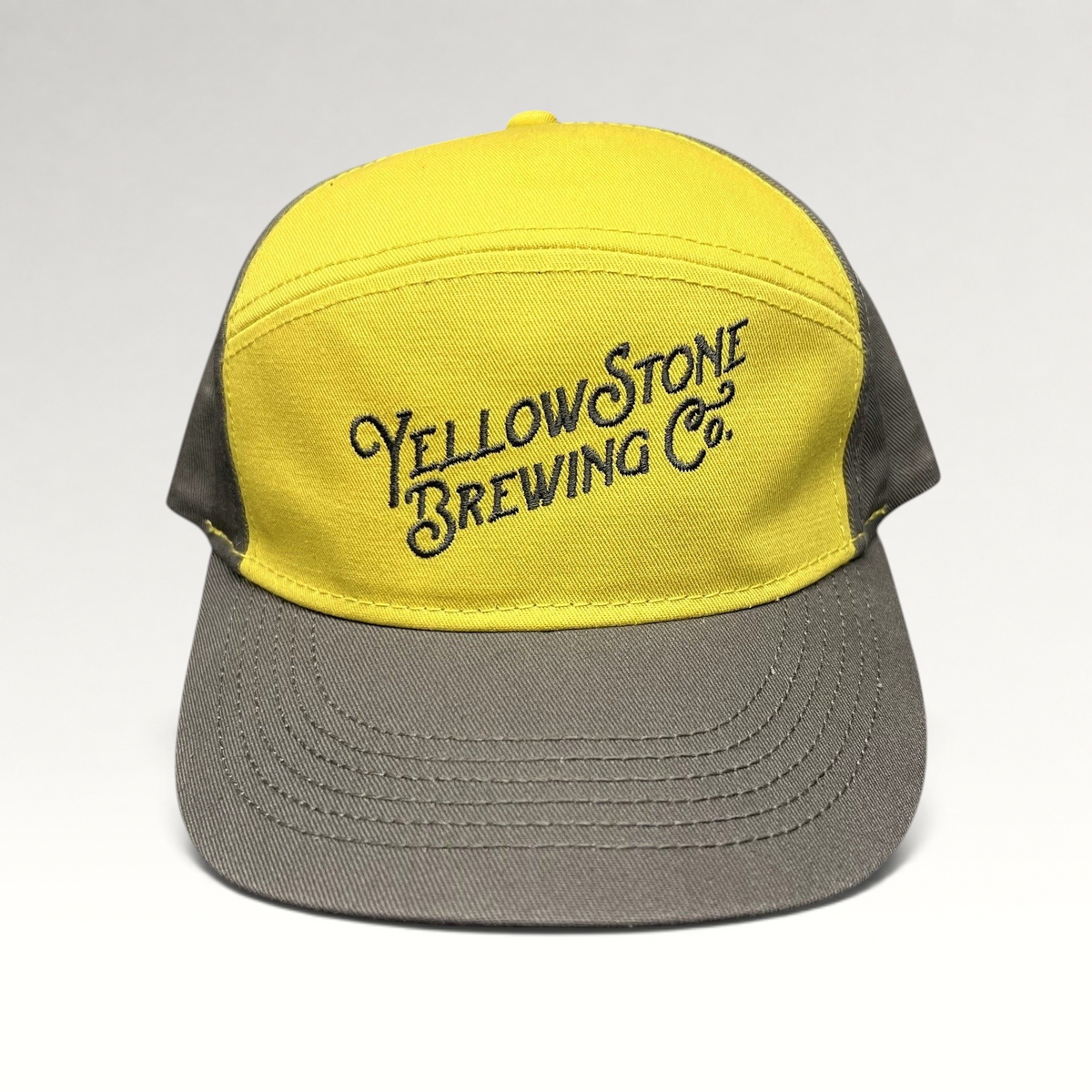 Raree Finds Yellowstone Brewing Co. two-tone yellow and gray cotton strapback hat with embroidered script logo