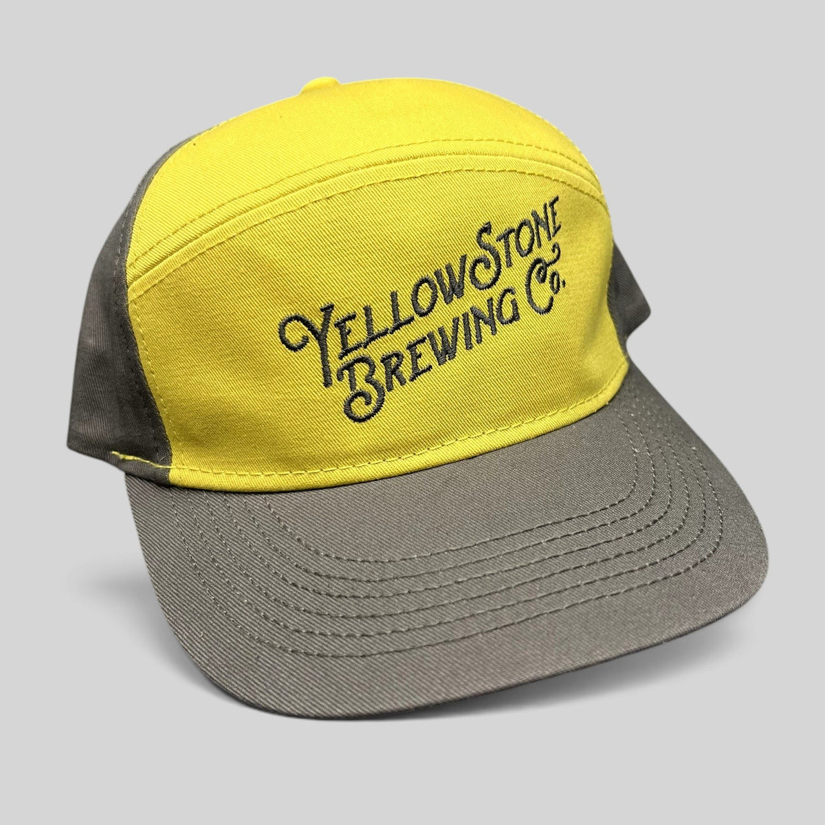 Raree Finds Yellowstone Brewing Co. two-tone yellow and gray cotton strapback hat with embroidered script logo