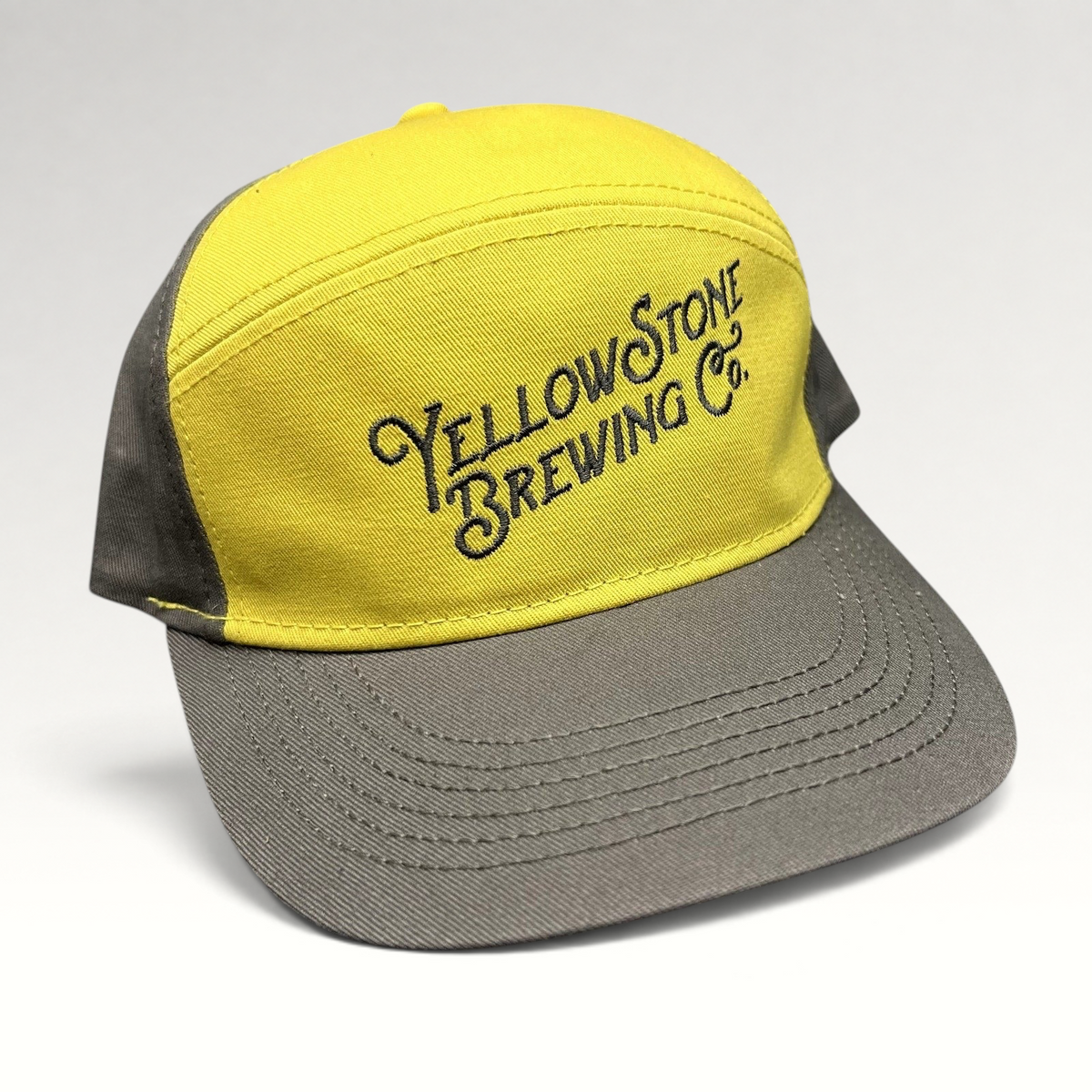 Raree Finds Yellowstone Brewing Co. two-tone yellow and gray cotton strapback hat with embroidered script logo