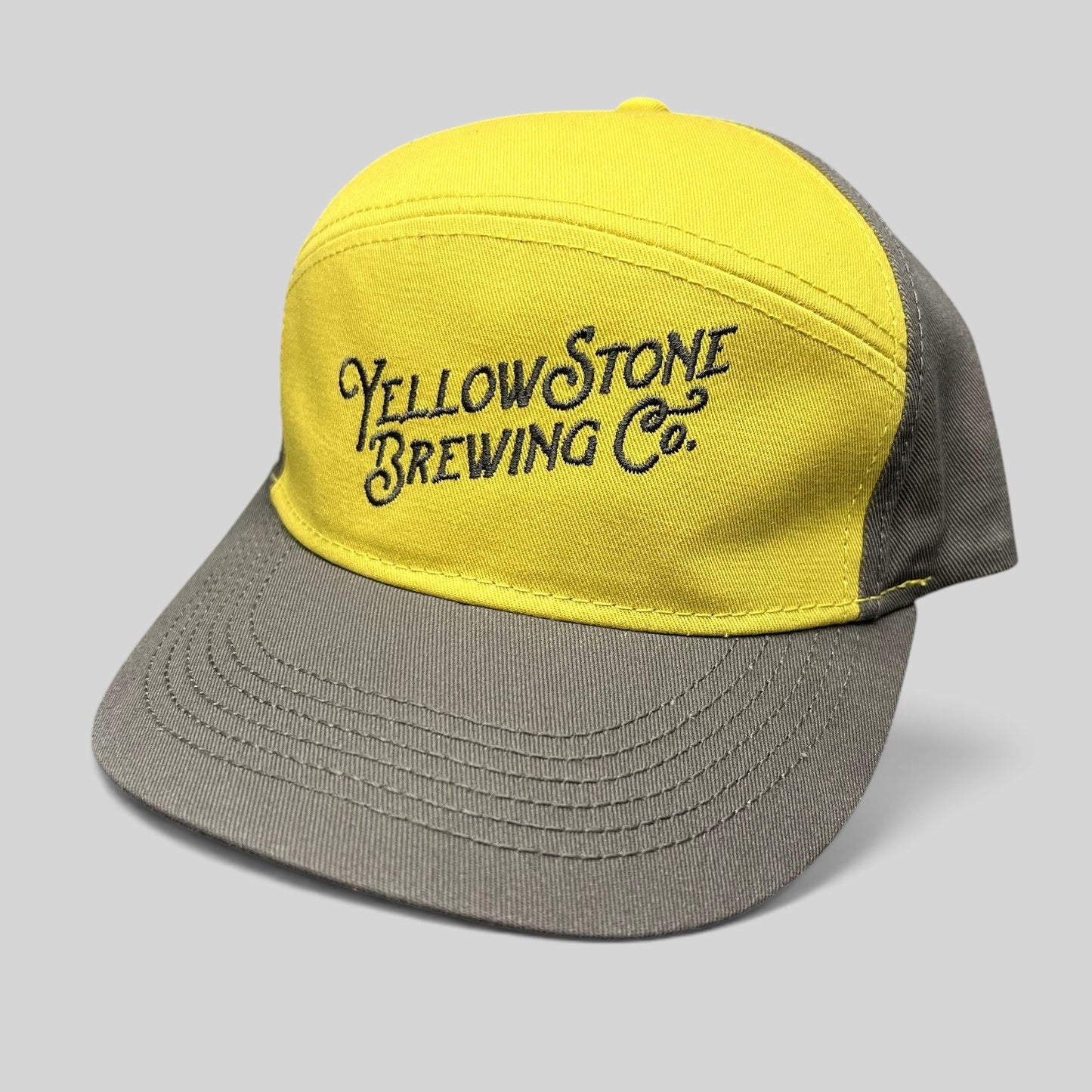 Raree Finds Yellowstone Brewing Co. two-tone yellow and gray cotton strapback hat with embroidered script logo